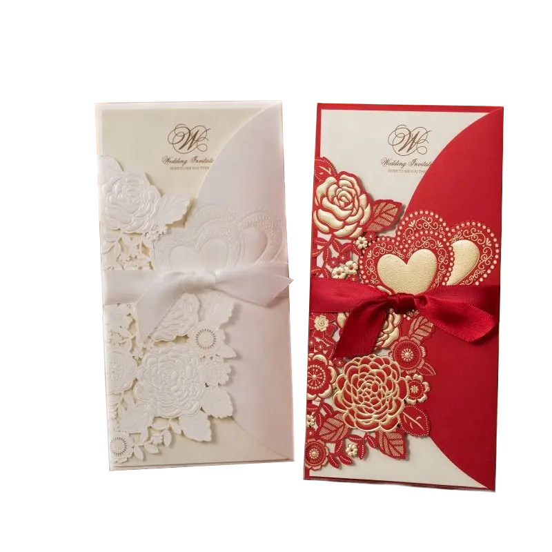 Luxury invitation wedding customised menu cards laser cut designs gold foil stamping, red NUOERP INC