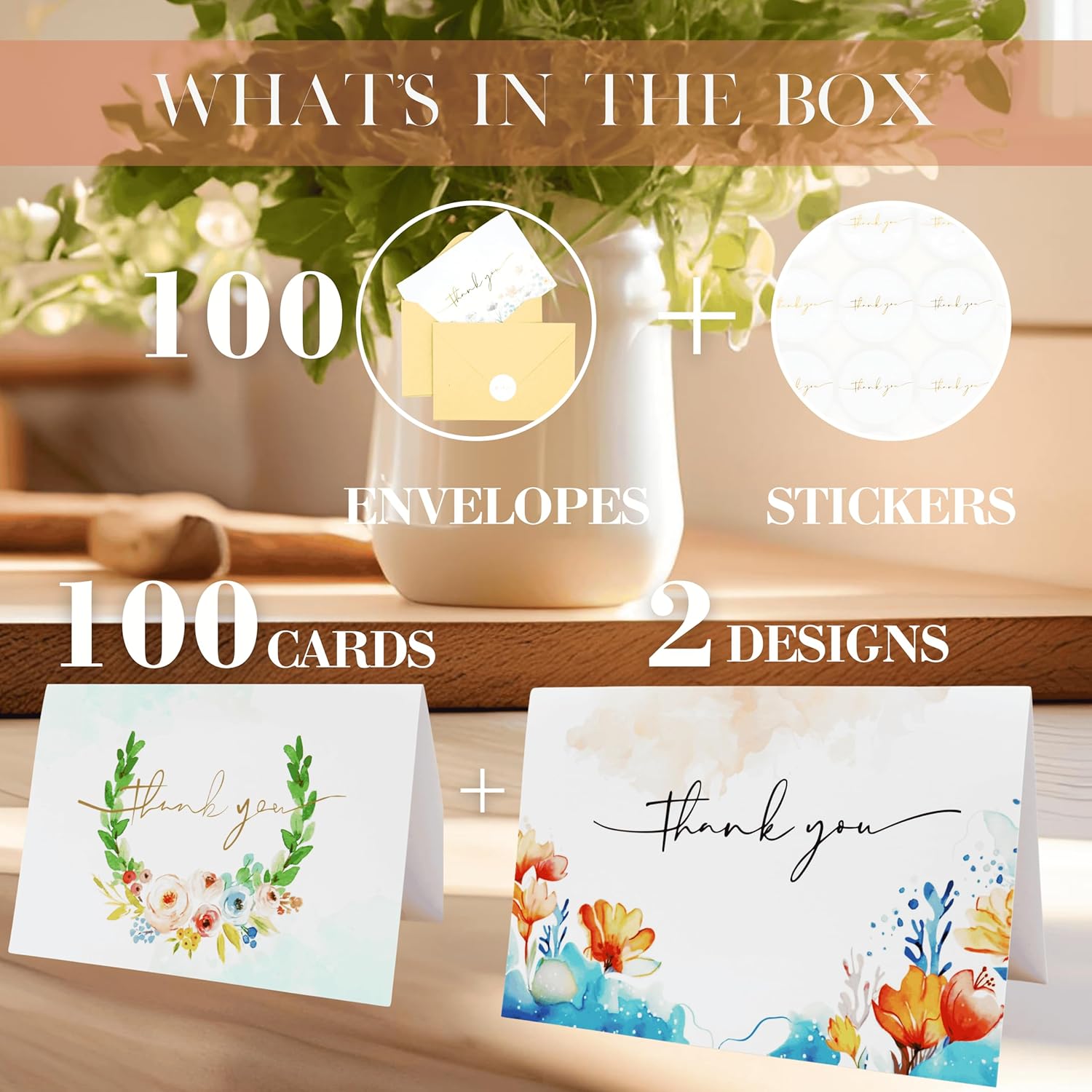 Nuoerp 100 Pack Thank You Cards with Envelopes, Premium Cotton Paper, Blank Thank You Notes for Personal Message, Bulk Set for Small Business, Wedding, Bridal Shower, Gratitude for Special Occasions (4 Design, 100 Pack, 4.25 x 6 Inch, Box Included) Nuoerp