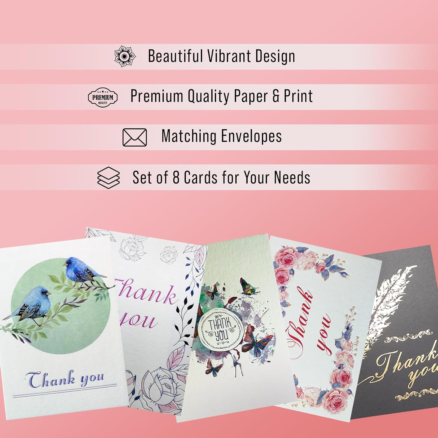 Nuoerp Thank You Cards with Envelopes, Blank Thank You Notes Bulk Set for Small Business, Wedding, Bridal Shower, Christmas, and Graduations, Box Included - 8 Pack, 4.25 x 6 Inch Nuoerp