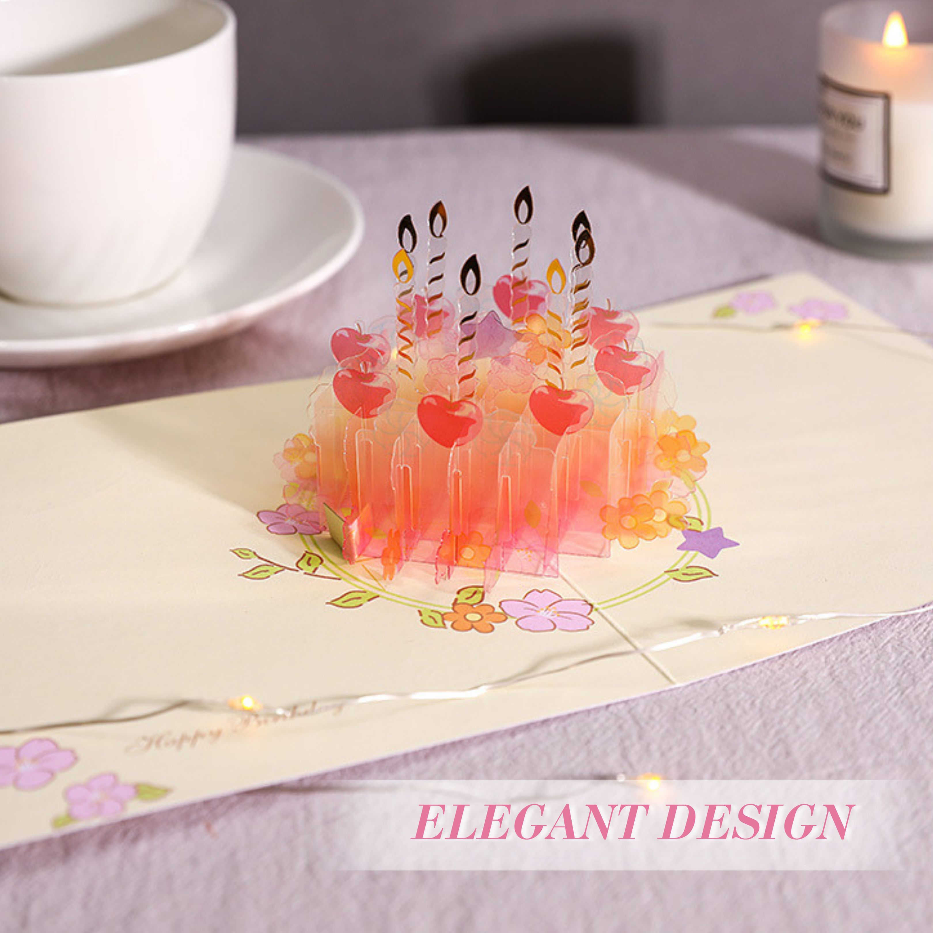 NUOERP INC 3D Pop-Up Birthday Card – Intricate Laser-cut ‘Clear Acrylic Birthday Cake’ Design, Candle & Floral Accent, All Age Birthday Gift Card– Includes Matching Envelope Nuoerp