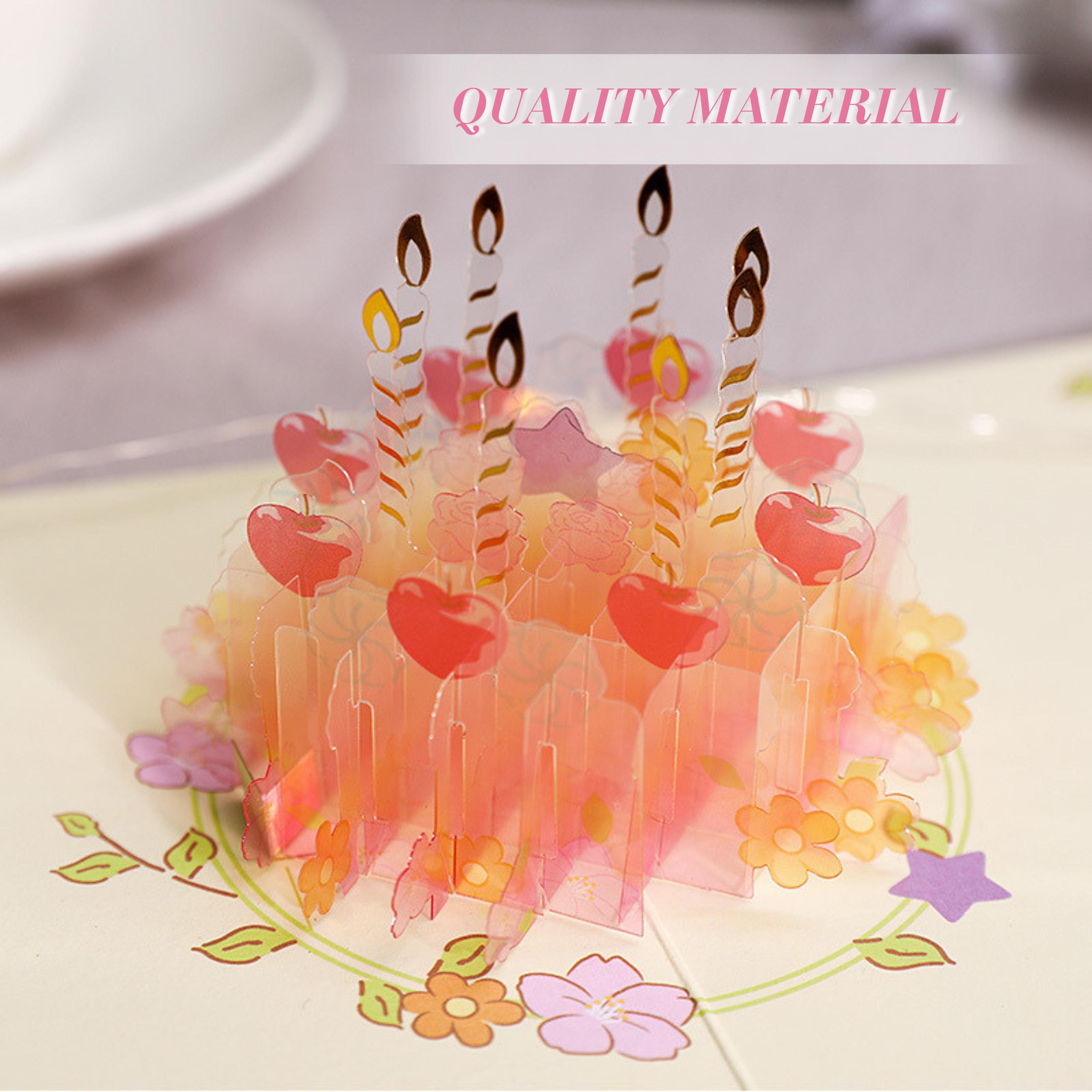 NUOERP INC 3D Pop-Up Birthday Card – Intricate Laser-cut ‘Clear Acrylic Birthday Cake’ Design, Candle & Floral Accent, All Age Birthday Gift Card– Includes Matching Envelope Nuoerp