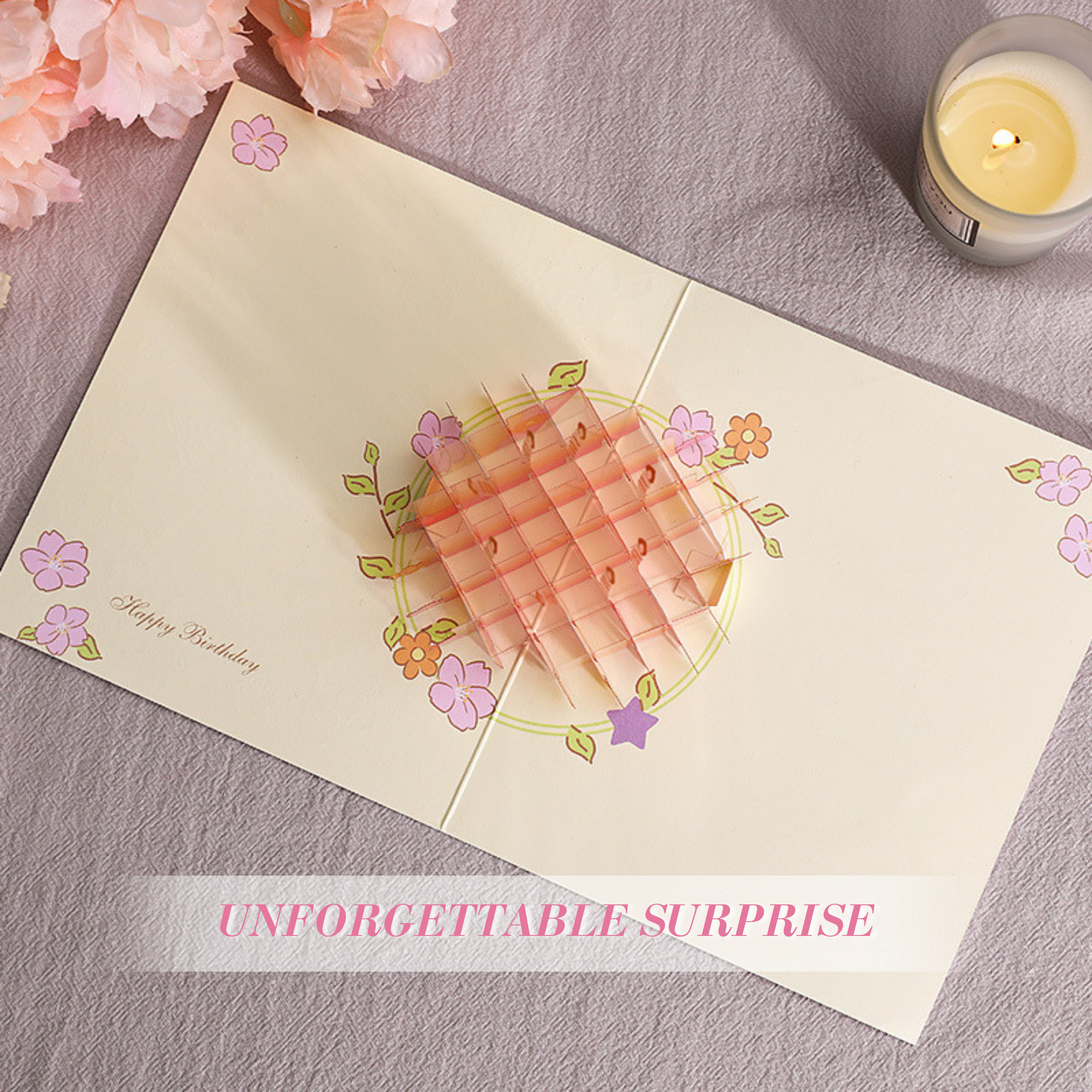 NUOERP INC 3D Pop-Up Birthday Card – Intricate Laser-cut ‘Clear Acrylic Birthday Cake’ Design, Candle & Floral Accent, All Age Birthday Gift Card– Includes Matching Envelope Nuoerp