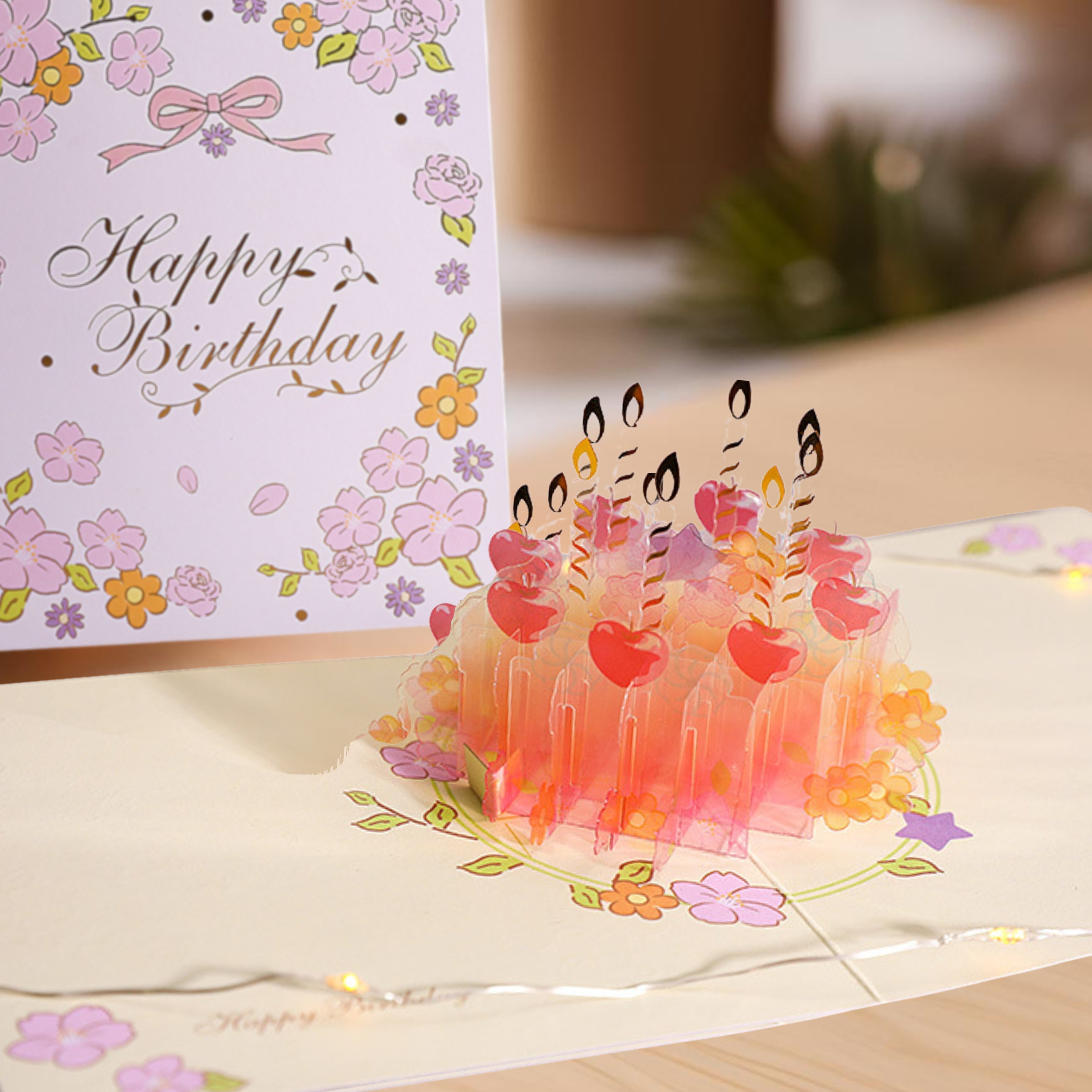NUOERP INC 3D Pop-Up Birthday Card – Intricate Laser-cut ‘Clear Acrylic Birthday Cake’ Design, Candle & Floral Accent, All Age Birthday Gift Card– Includes Matching Envelope Nuoerp