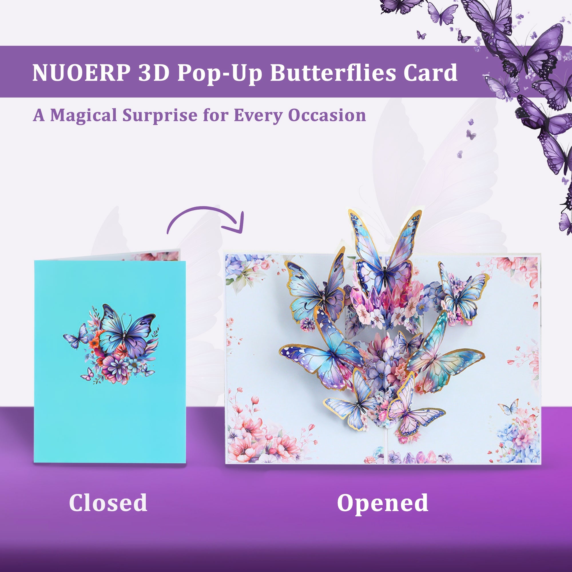NUOERP 3D Pop-Up Butterflies Card – Unique Gift Card with Intricate Laser-Cut ‘Butterflies’ Design – Butterfly Pop Up Card with Floral Accents – 3D Butterfly Cards Fly Out for Birthday, Wedding & More Nuoerp