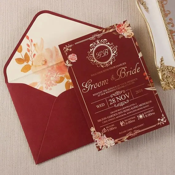 Luxury invitation wedding customised menu cards laser cut designs gold foil stamping, red