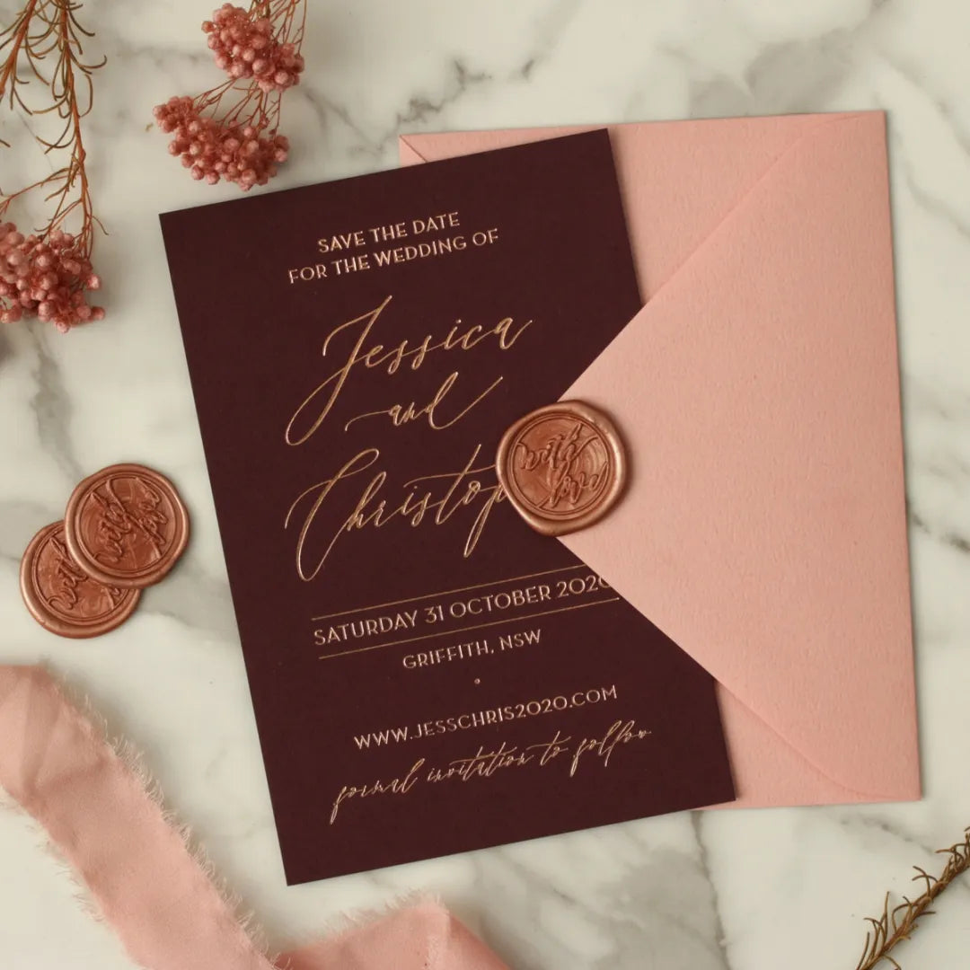 Custom Letterpress Gold Foiled Wedding Invitation - Dark Red, Pink