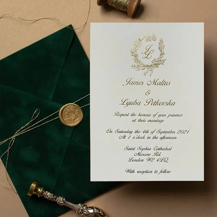 Custom Gold Foiled Wedding Invitation: Letterpress Embossed Laser Cut